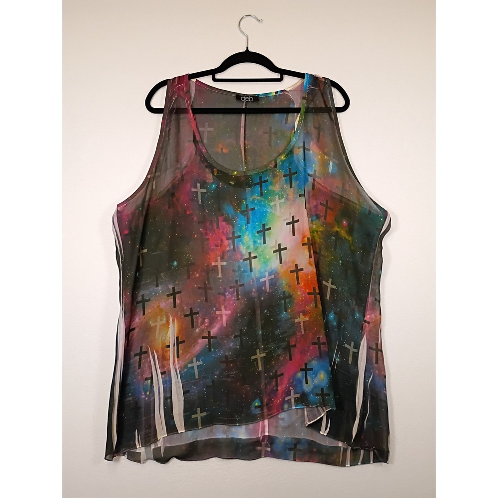 Gothic Galaxy Deb Women Plus Size Multicolor Cross Print Sheer High Low Tank Top